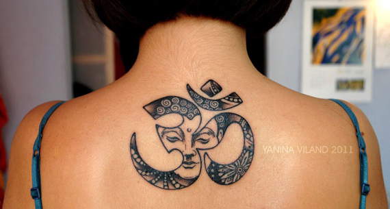 Unique Om Tattoo On Man Upper Back