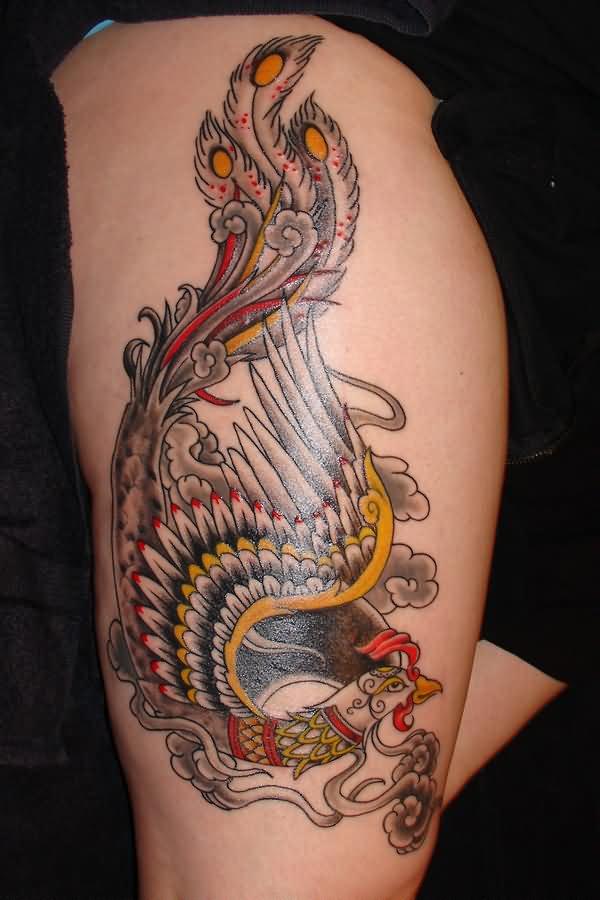 Unique Phoenix Tattoo Design For Upper Leg