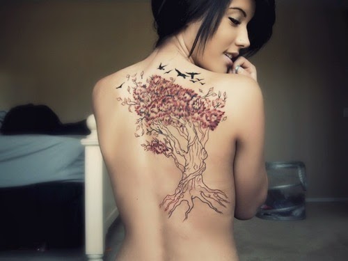 Unique Tree Tattoo On Girl Upper Side Back