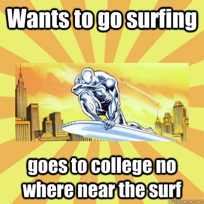 Wants to Go Surfing Goes To College No Where Near The Surf Funny Meme Image