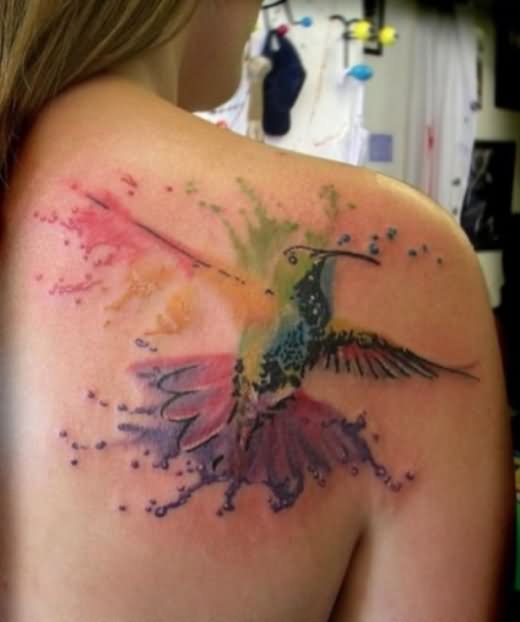 Watercolor Bird Tattoo On Girl Upper Right Back