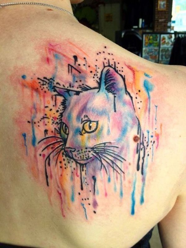 Watercolor Cat Face Tattoo On Upper Right Back