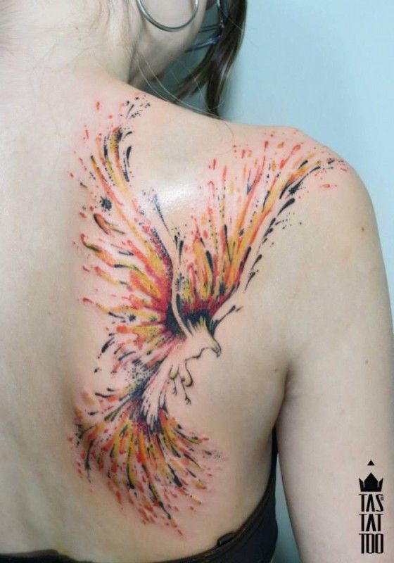 Watercolor Girly Phoenix Tattoo On Girl Right Back Shoulder