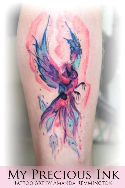 Watercolor Phoenix Tattoo On Leg Calf