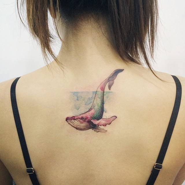 Watercolor Whale Tattoo On Girl Upper Back