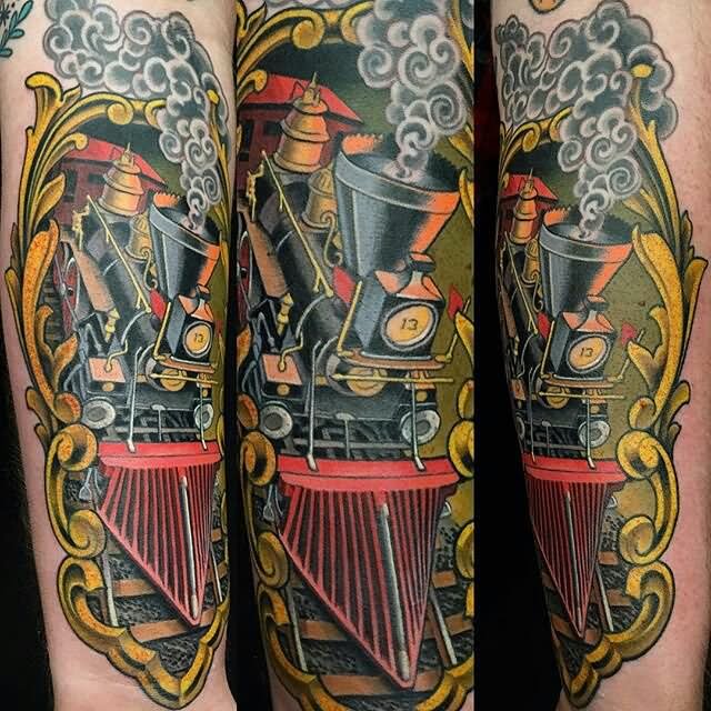 Wonderful Train Engine In Frame Tattoo Design For Half Sleeve By Russ Abbott