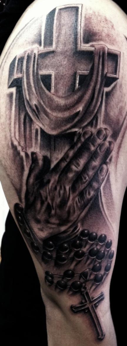 3D Cross With Praying Hand And Rosary Cross Tattoo On Right Half Sleeve