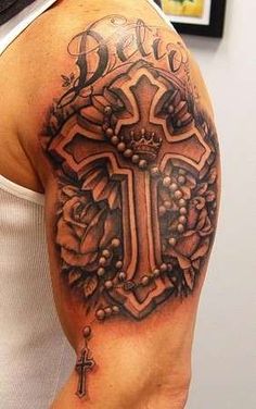 3D Cross With Roses Tattoo On Left Half Sleeve