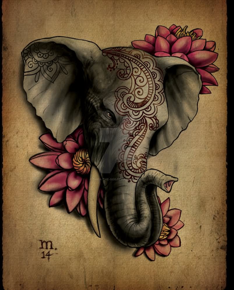 3D Elephant With Flowers Tattoo Design By Margo