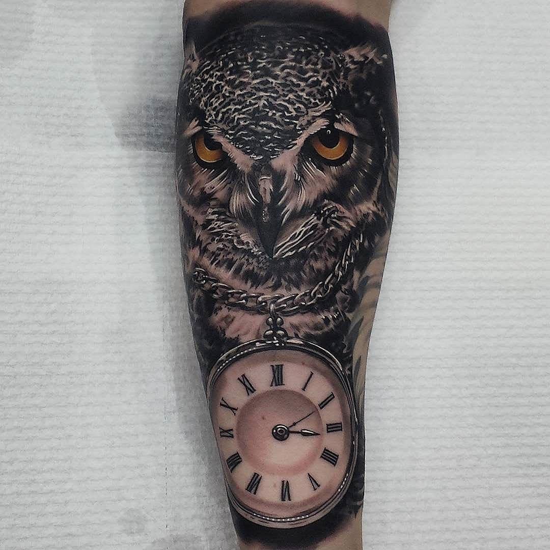 3D Owl With Pocket Watch Tattoo Design For Forearm