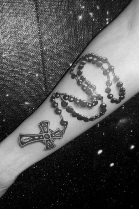 3D Rosary Cross Tattoo On Forearm