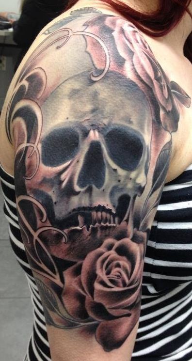 3D Skull With Rose Tattoo On Girl Right Half Sleeve