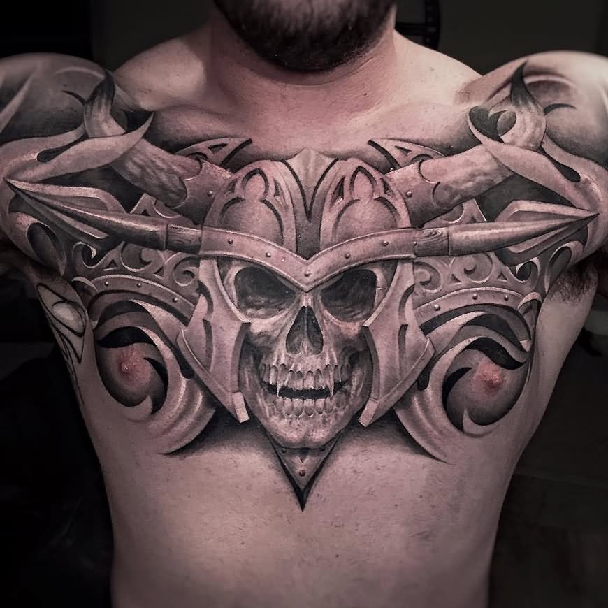 3D Vampire Skull Tattoo On Man Chest