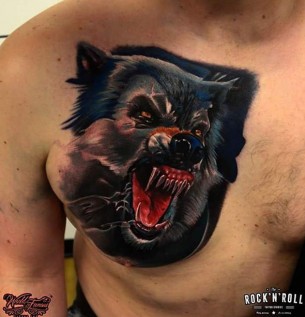 3D Wolf Head Tattoo On Man Chest