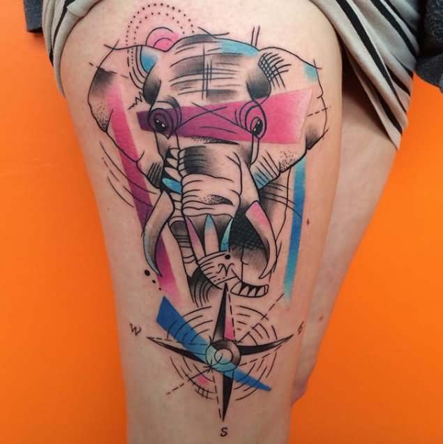 Abstract Elephant With Compass Tattoo On Right Side Thigh By Dane Grannon