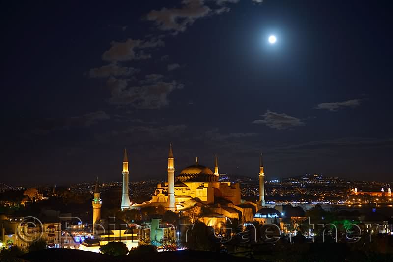 Adorable Night View Of The Hagia Sophia With Full Moon