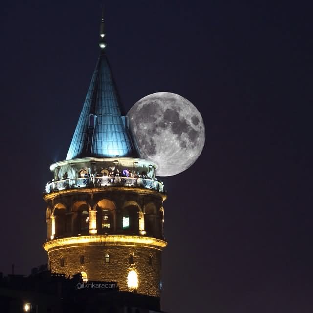 Adorable View Of The Galata Tower With Full Moon At Night