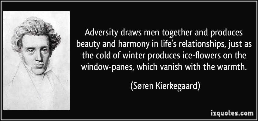 Adversity draws men together and produces beauty and harmony in life's relationships, just as the cold of winter produces ice-flowers on the window-panes, which vanish with the warmth. - Soren Kierkegaard