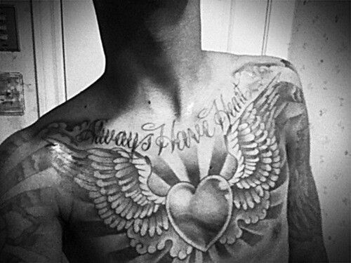 Always Have Heart Quote And Heart With Wings Tattoo On Man Chest