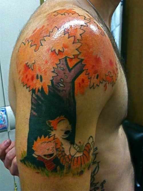 Amazing Cartoons And Tree Tattoo On Half Sleeve