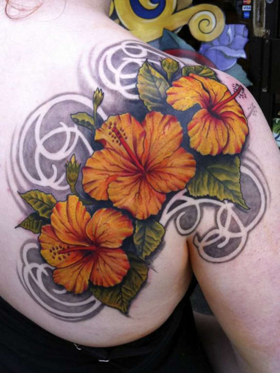 Amazing Hibiscus Flowers Tattoo On Right Back Shoulder By Jon Mesa