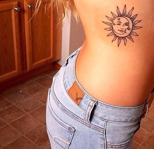 Amazing Sun With Moon Tattoo On Girl Right Side Rib