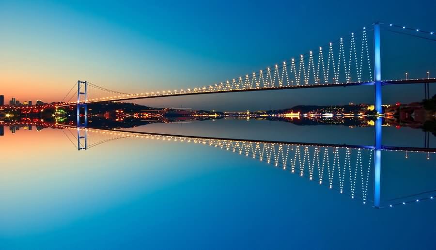 Amazing Water Reflection Of The Bosphorus Bridge At Night
