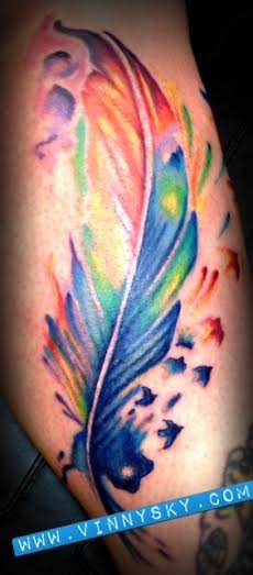 Amazing Watercolor Feather Tattoo Design For Leg