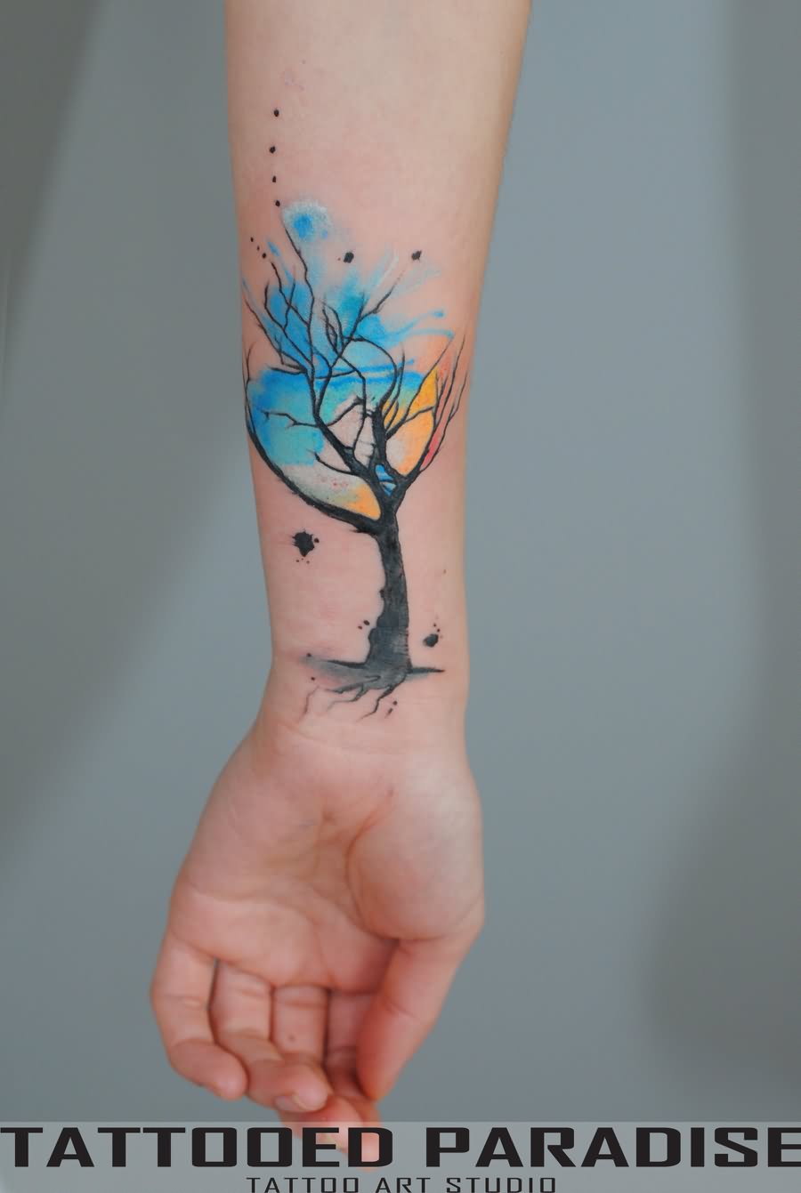 Amazing Watercolor Tree Tattoo On Wrist