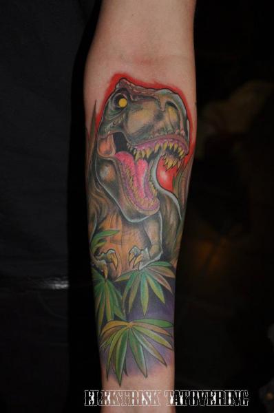 Angry Dinosaur Tattoo On Forearm