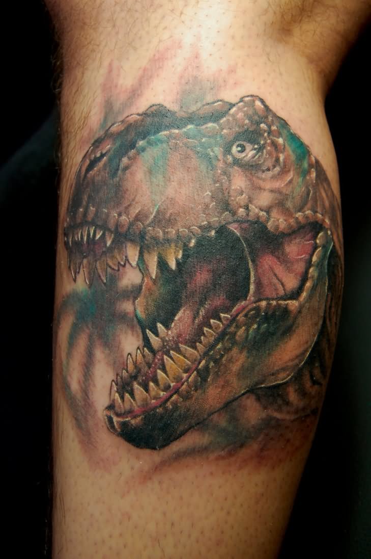 Angry Dinosaur Tattoo On Leg
