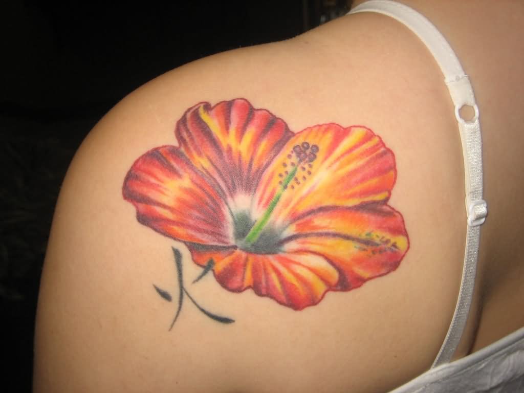Attractive Hibiscus Flower Tattoo On Left Back Shoulder