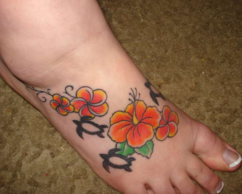 Attractive Hibiscus Flowers Tattoo On Right Foot
