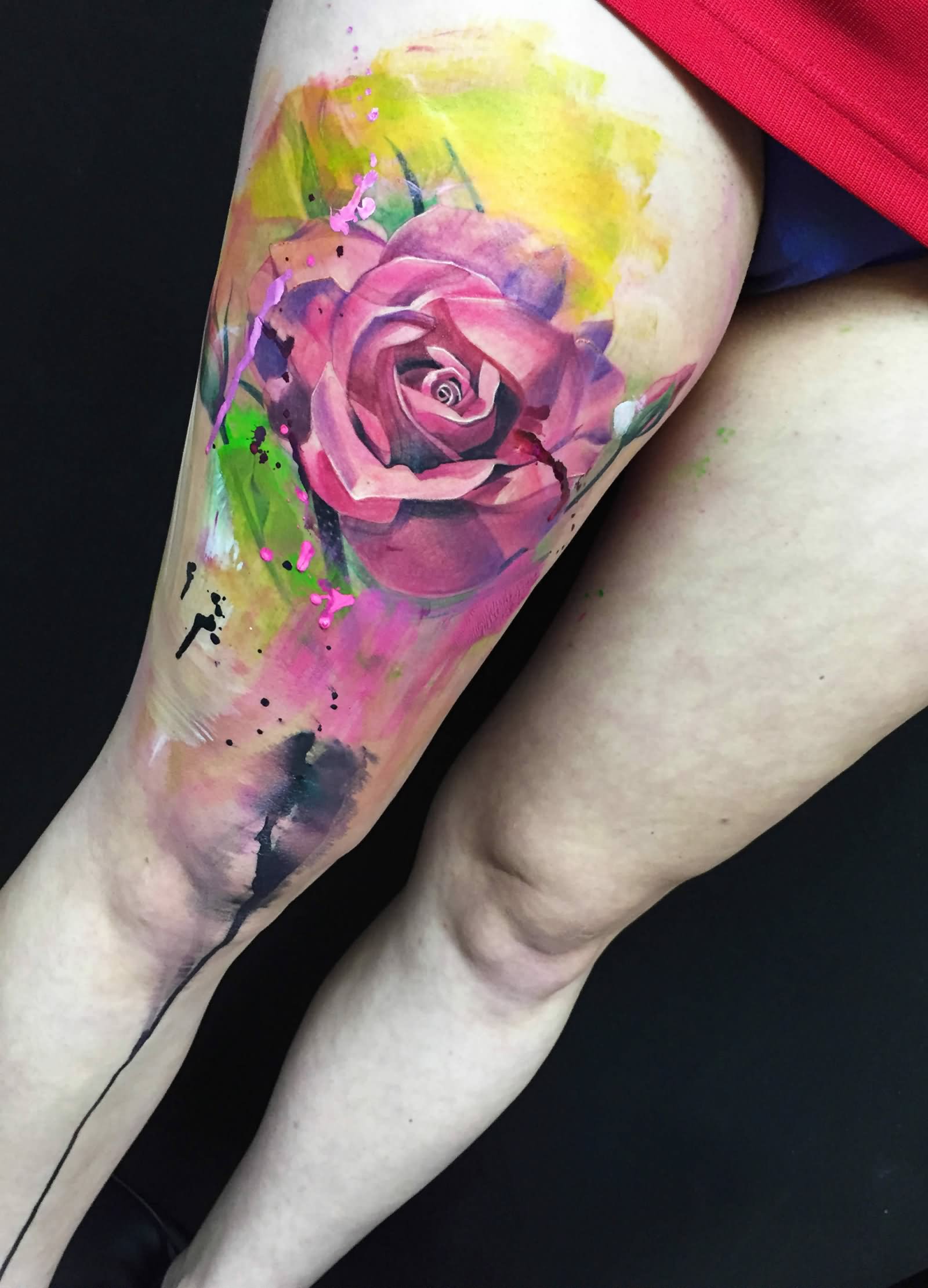 Attractive Watercolor 3D Rose Tattoo On Thigh By Ivana