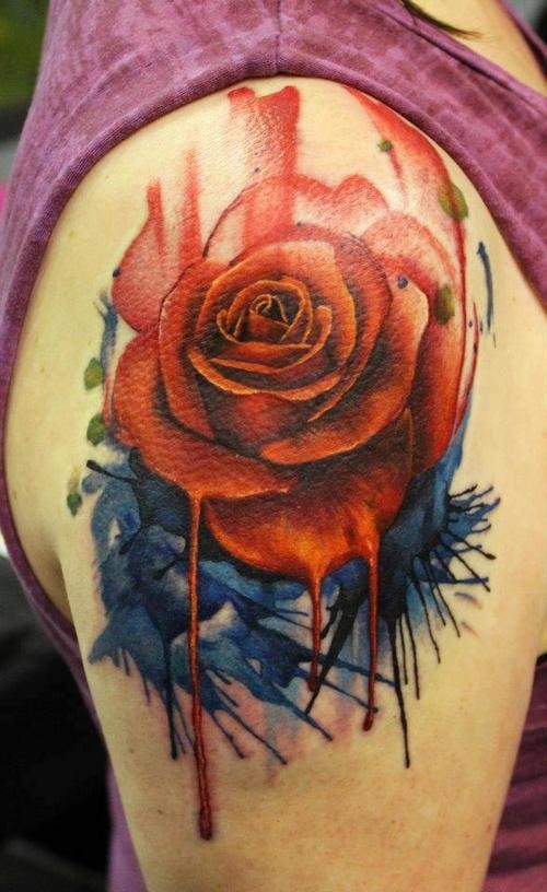 Attractive Watercolor Rose Tattoo On Right Half Sleeve