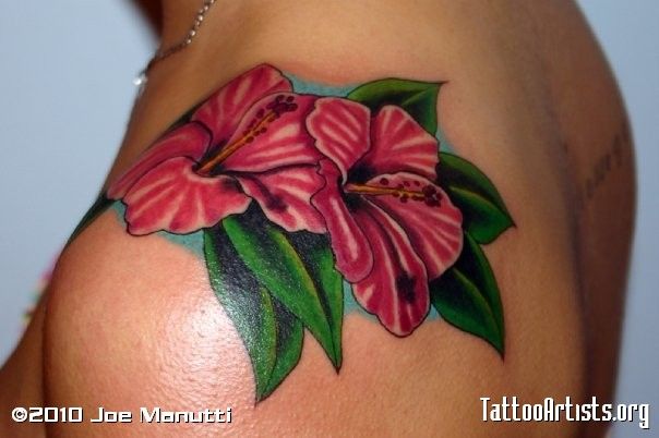 Awesome Purple Hibiscus Flowers Tattoo Design For Shoulder
