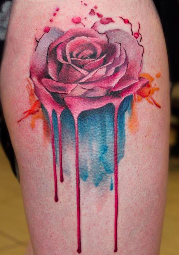 Awesome Watercolor Rose Tattoo Design For Thigh