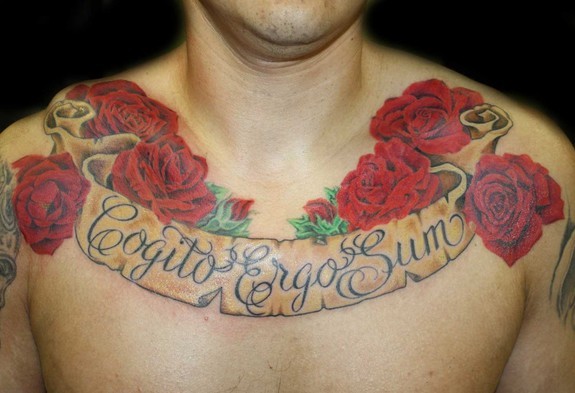 Banner With Roses Tattoo On Man Chest