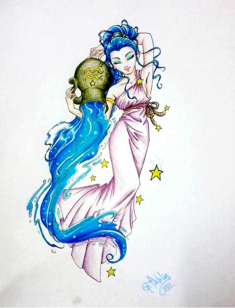 Stars And Beautiful Aquarius Tattoo Design