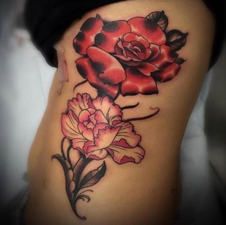 Beautiful Flower Floral Tattoo On Left Side Rib