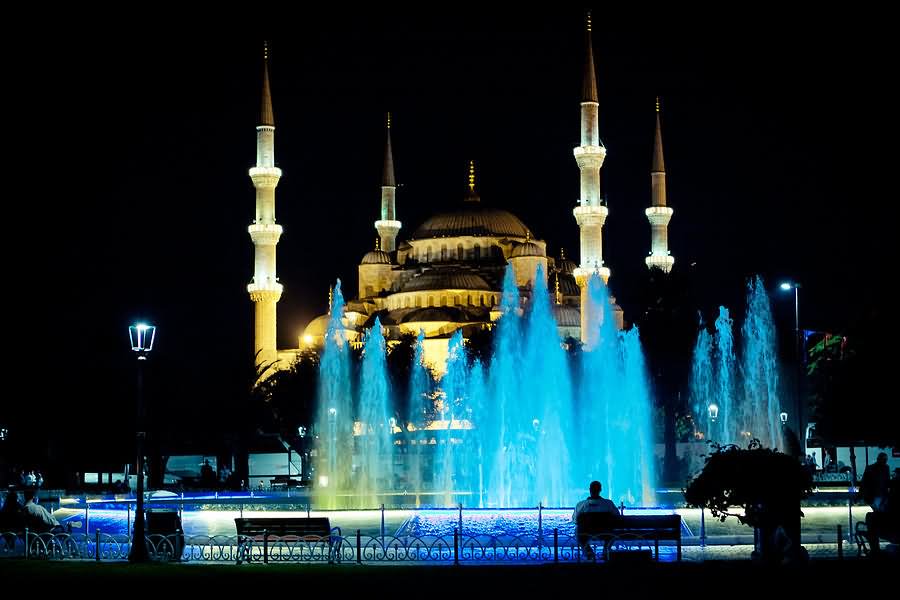 Beautiful Fountains In Front Of Blue Mosque At Night