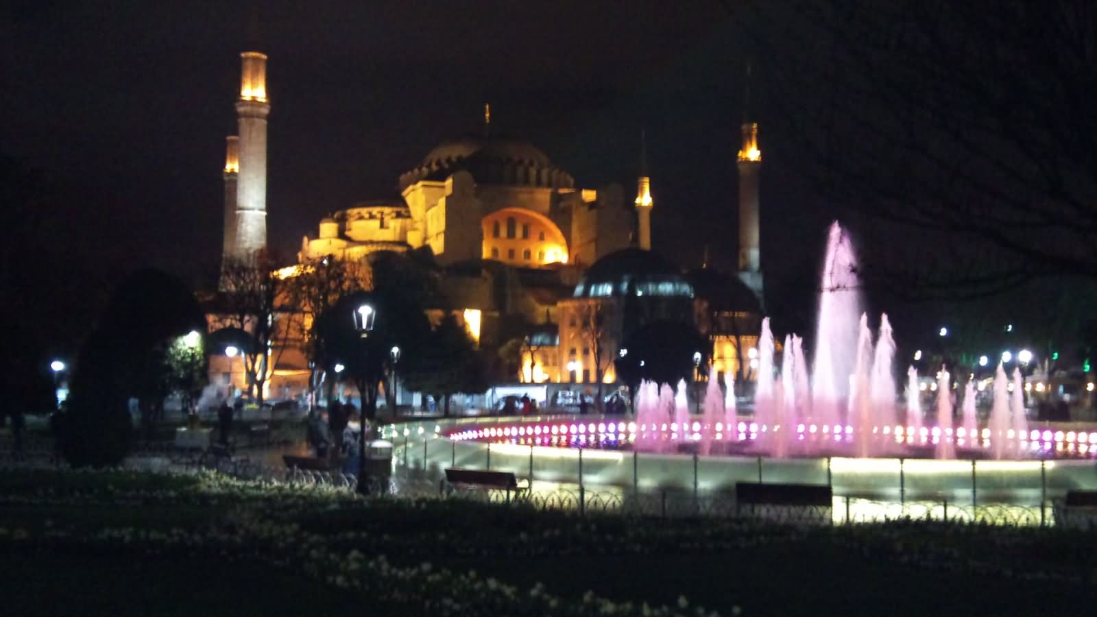 Beautiful Fountains In Front Of Hagia Sophia At Night In Istanbul