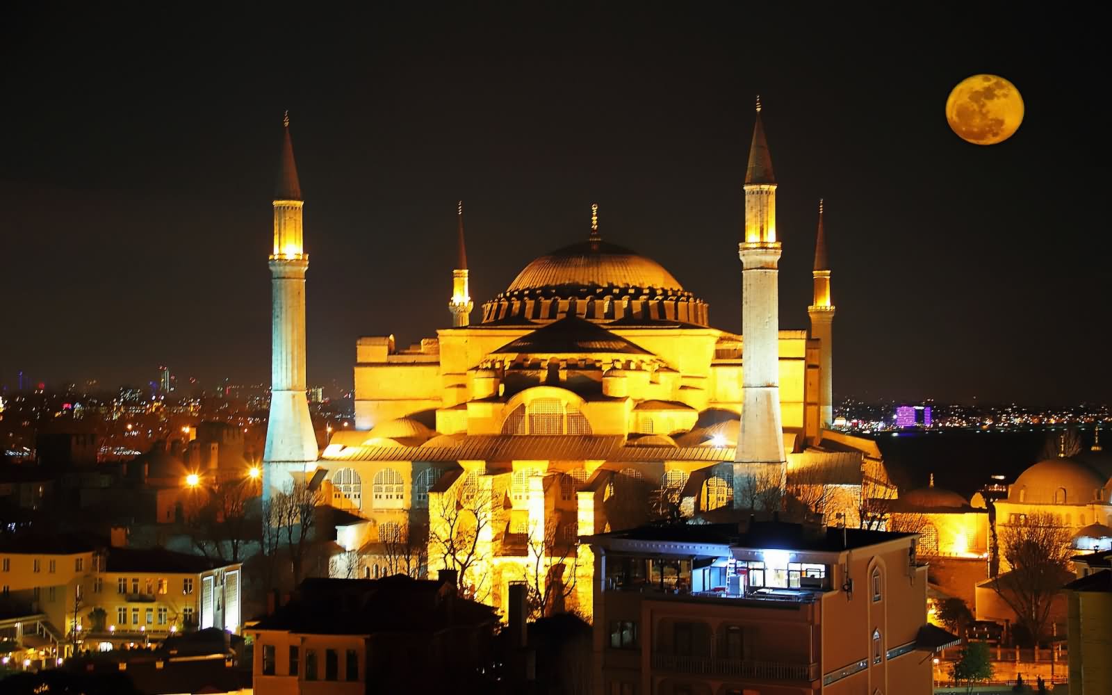 Beautiful Hagia Sophia Lit Up At Night With Full Moon