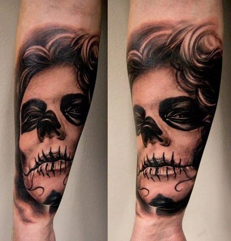 Black And Grey 3D Dia De Los Muertos Tattoo On Forearm