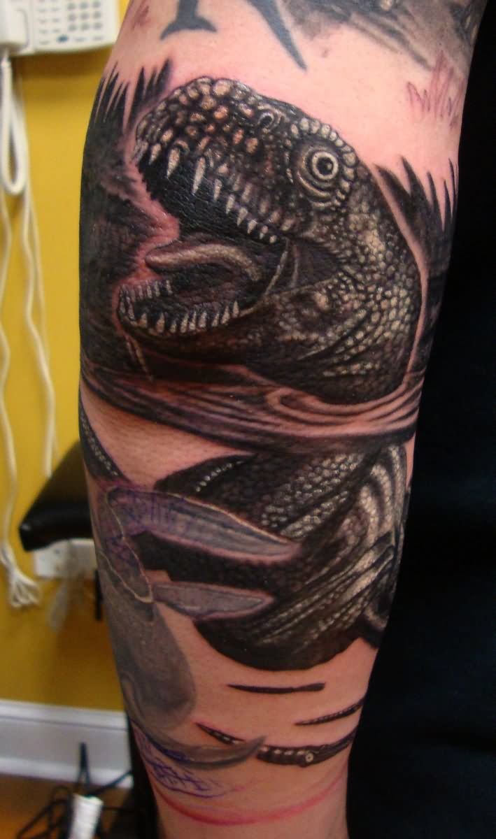 Black And Grey Dinosaur Tattoo On Leg by Larry Brogan