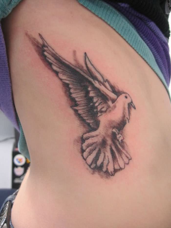 Black And Grey Dove Tattoo Design For Side Rib