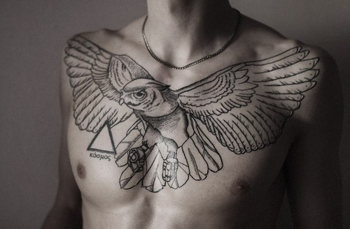 Black And Grey Eagle Tattoo On Man Chest