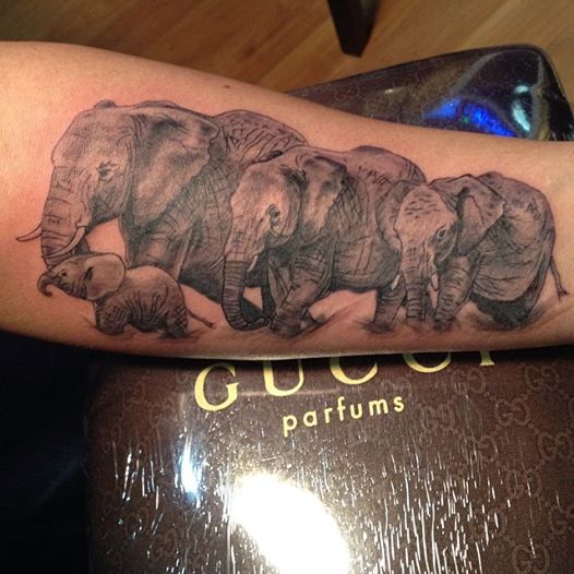 Black And Grey Elephant Family Tattoo On Forearm