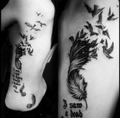Black And Grey Feather With Flying Birds Tattoo On Side Rib