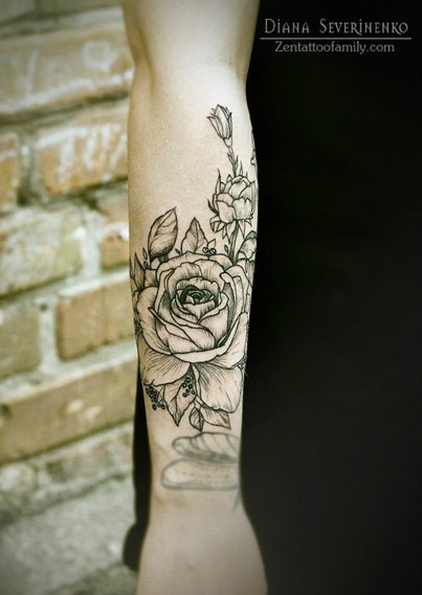 Black And Grey Flower Tattoo On Right Forearm